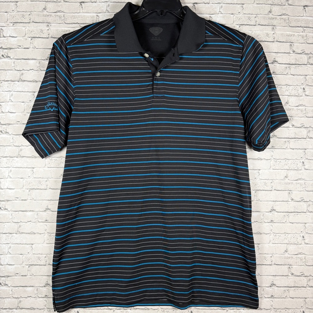 Callaway Polo Shirt Black & Blue Striped Performance Golf Mens Size 2XL